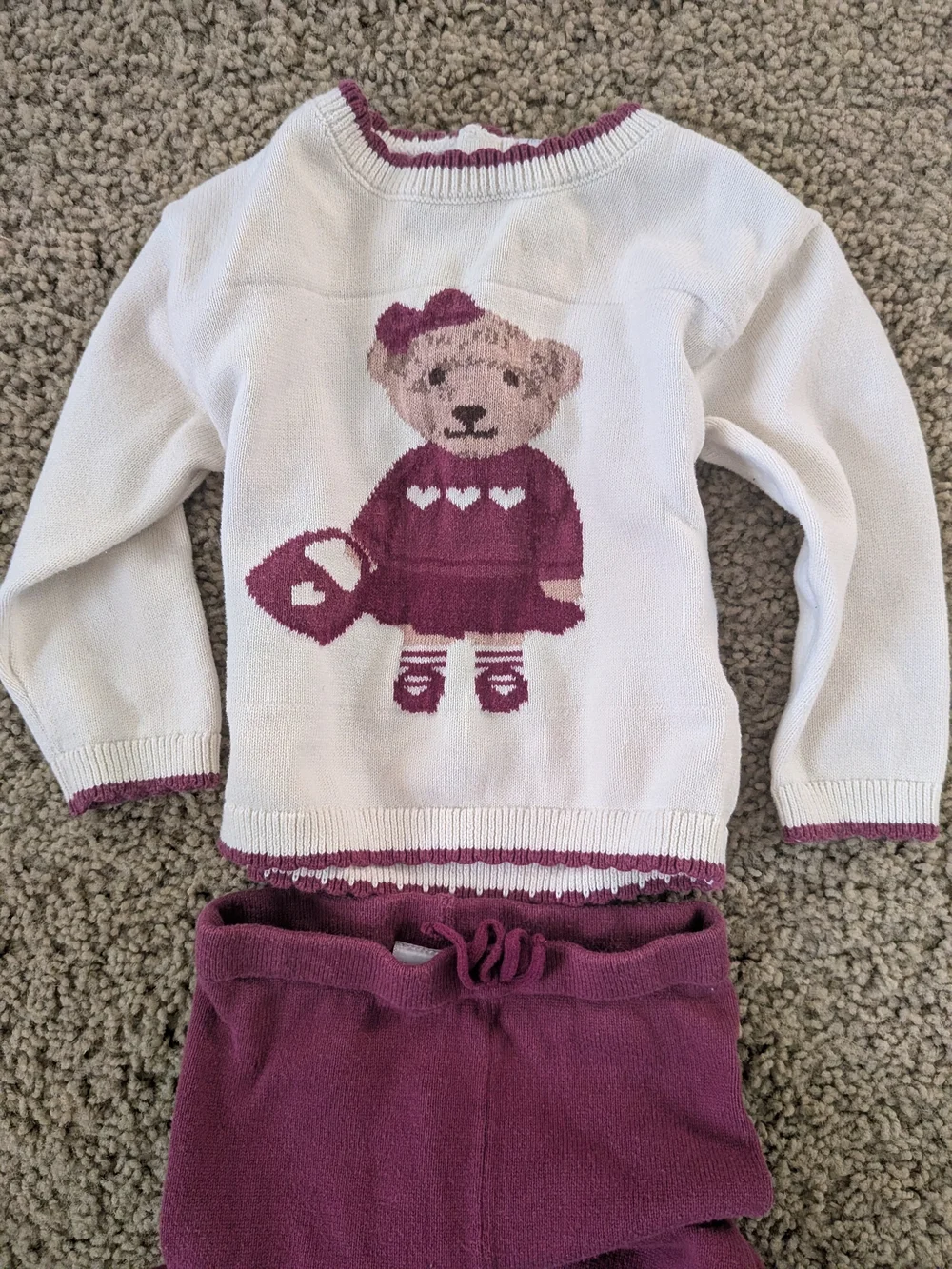 Cream Knit Sweater Set with Purple Bear Graphic